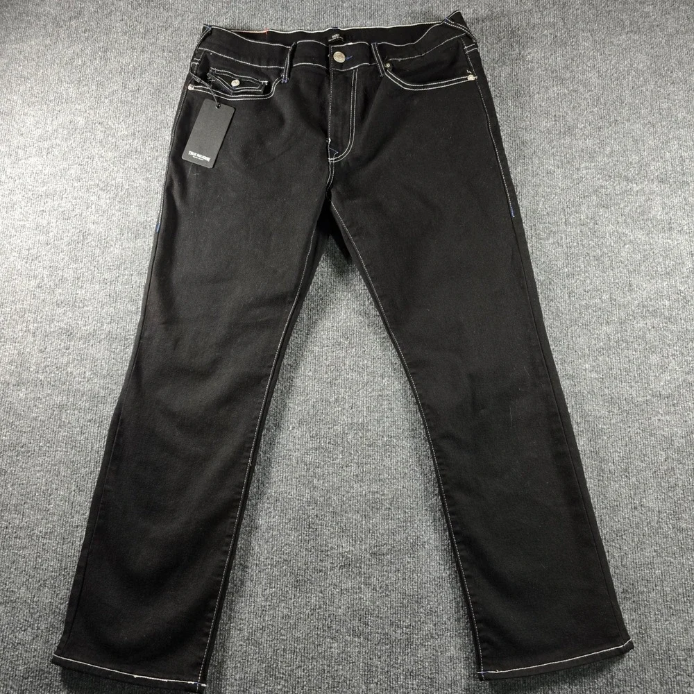 NWT True Religion Ricky Relaxed Straight Jeans Rinse Black Contrast Stitch 36